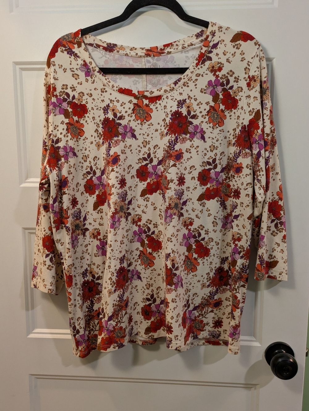Cato Cream Floral Long Sleeve Scoop Neck Top with Red & Purple Flowers